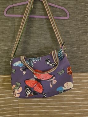 Purple Butterfly Print Crossbody Tote Bag